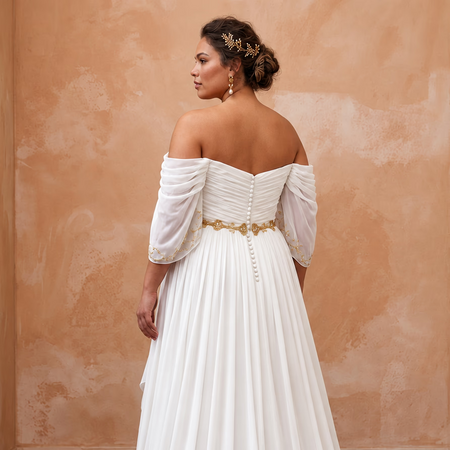 Plus Size Ivory Chiffon Off-the-Shoulder Grecian Destination Gown