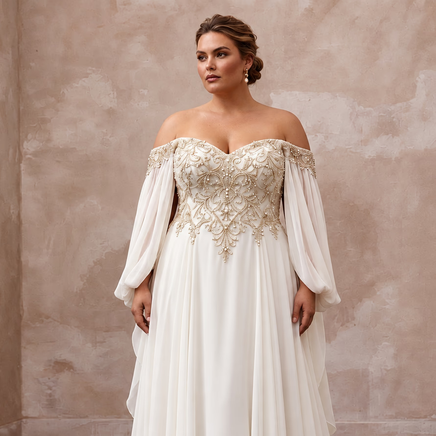 Plus Size Ivory Chiffon Off - the - Shoulder Grecian Destination Gown - Apparel & Accessories > Clothing > Wedding & Bridal Party Dresses > Wedding Dresses - Mignonette Bridal