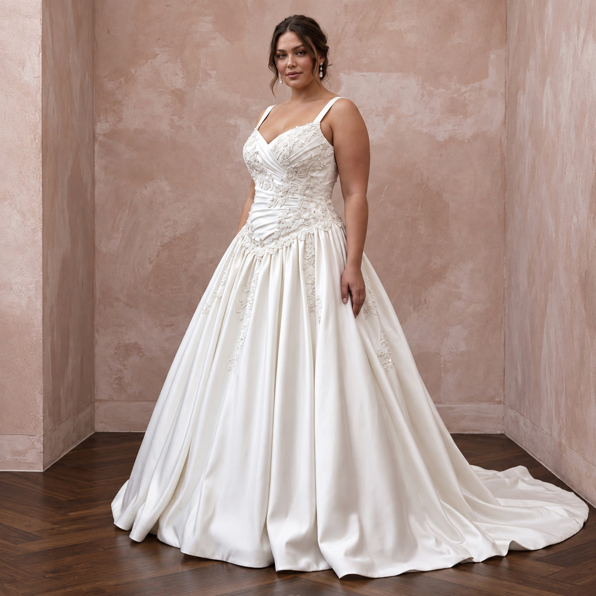 Plus Size Ivory Duchess Satin Drop Waist Ball Gown - Apparel & Accessories > Clothing > Wedding & Bridal Party Dresses > Wedding Dresses - Mignonette Bridal Main image
