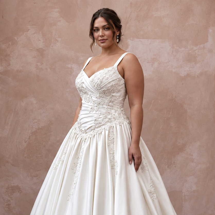 Plus Size Ivory Duchess Satin Drop Waist Ball Gown - Apparel & Accessories > Clothing > Wedding & Bridal Party Dresses > Wedding Dresses - Mignonette Bridal