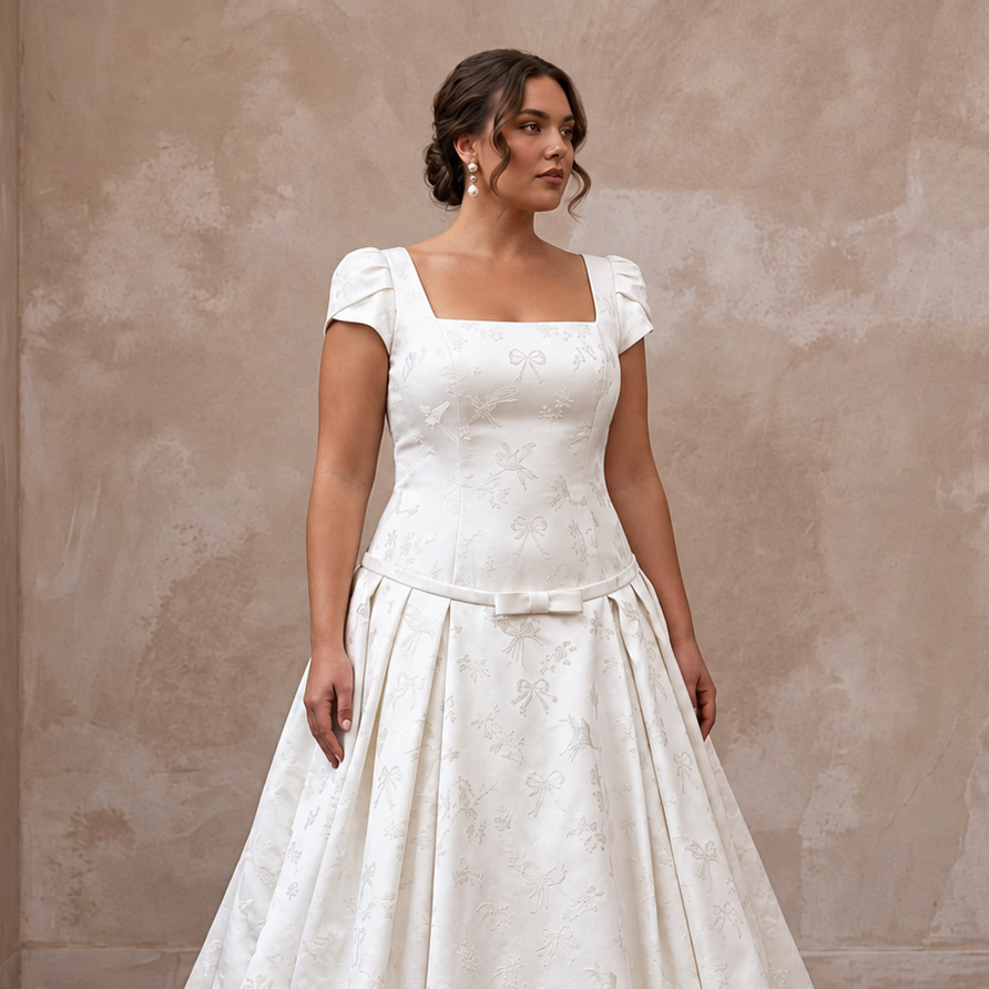 Plus Size Ivory Duchess Satin Drop Waist Grandmillennial Bridal Gown - Apparel & Accessories > Clothing > Wedding & Bridal Party Dresses > Wedding Dresses - Mignonette Bridal