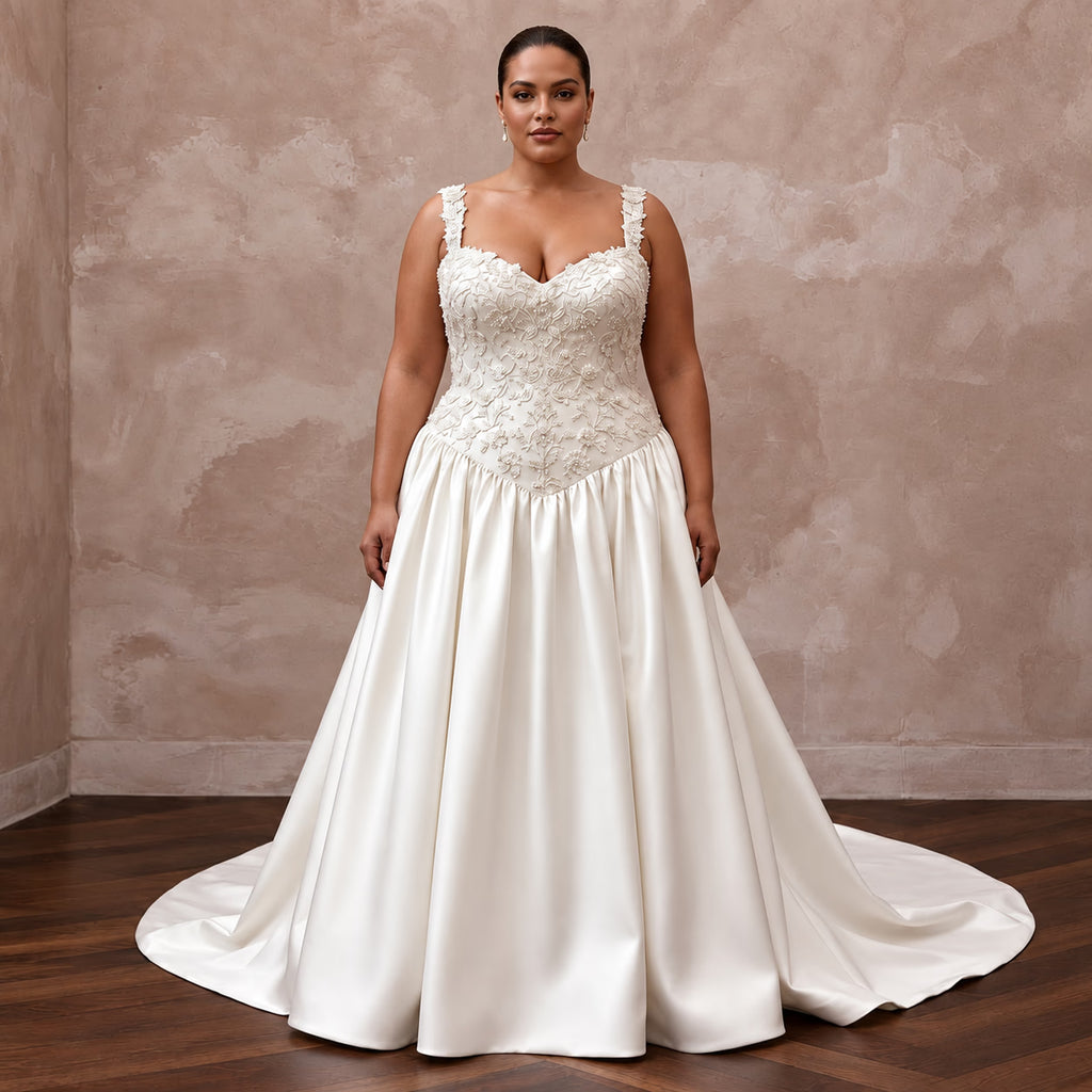 Plus Size Ivory Duchess Satin Drop Waist Grandmillennial Dress