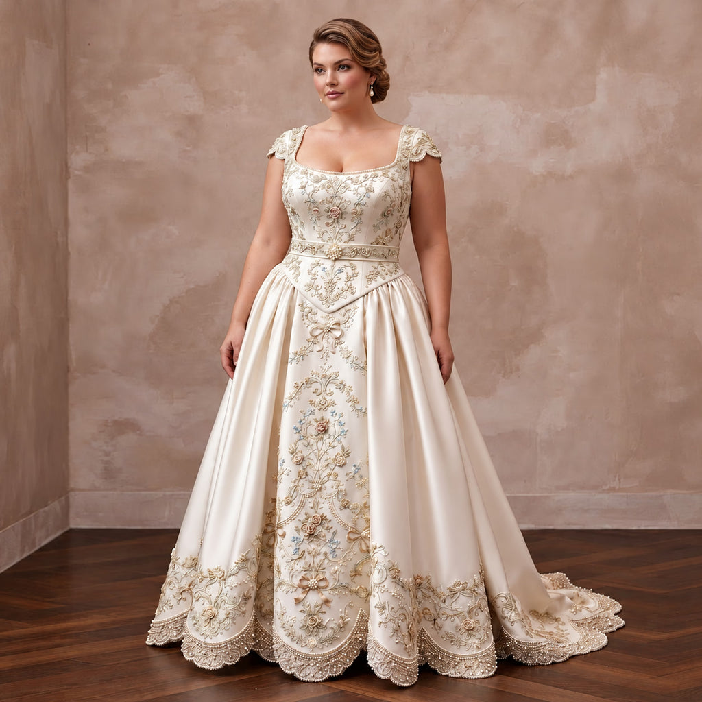 Plus Size Ivory Duchess Satin Drop Waist Grandmillennial Dress