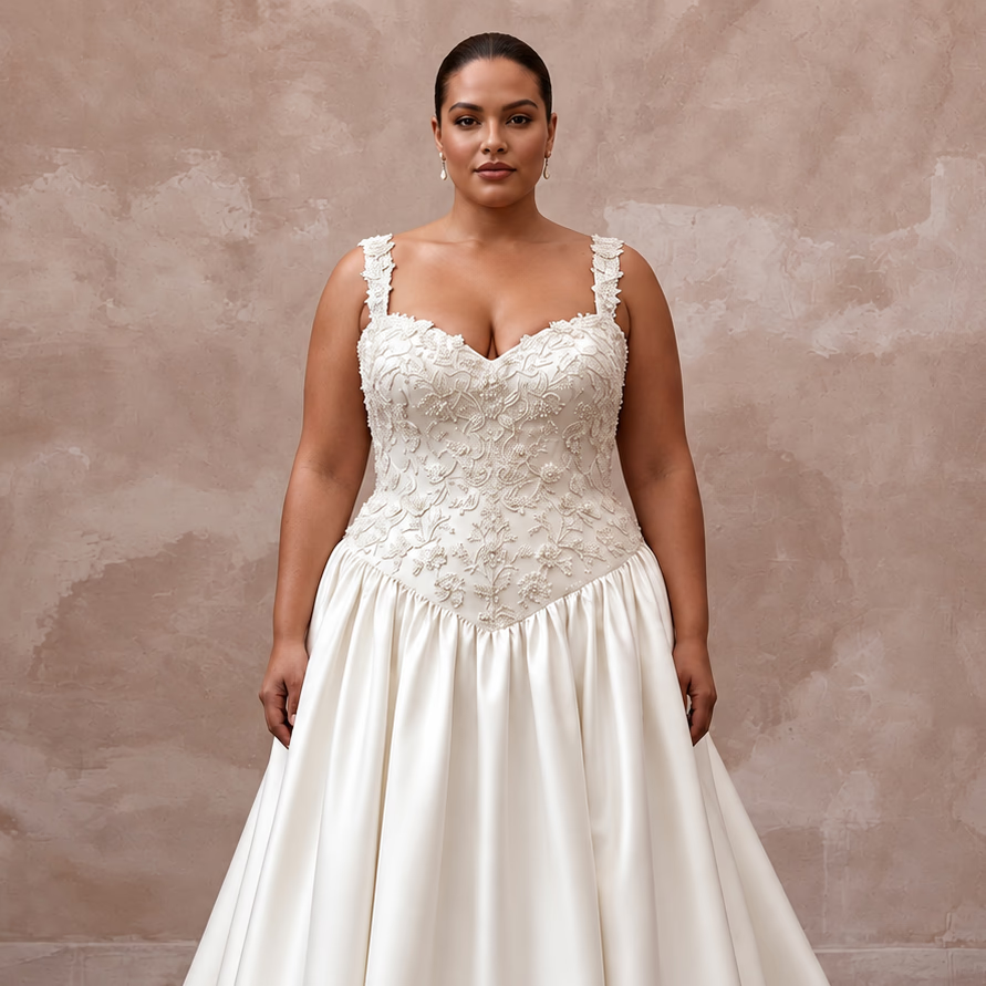 Plus Size Ivory Duchess Satin Drop Waist Grandmillennial Dress