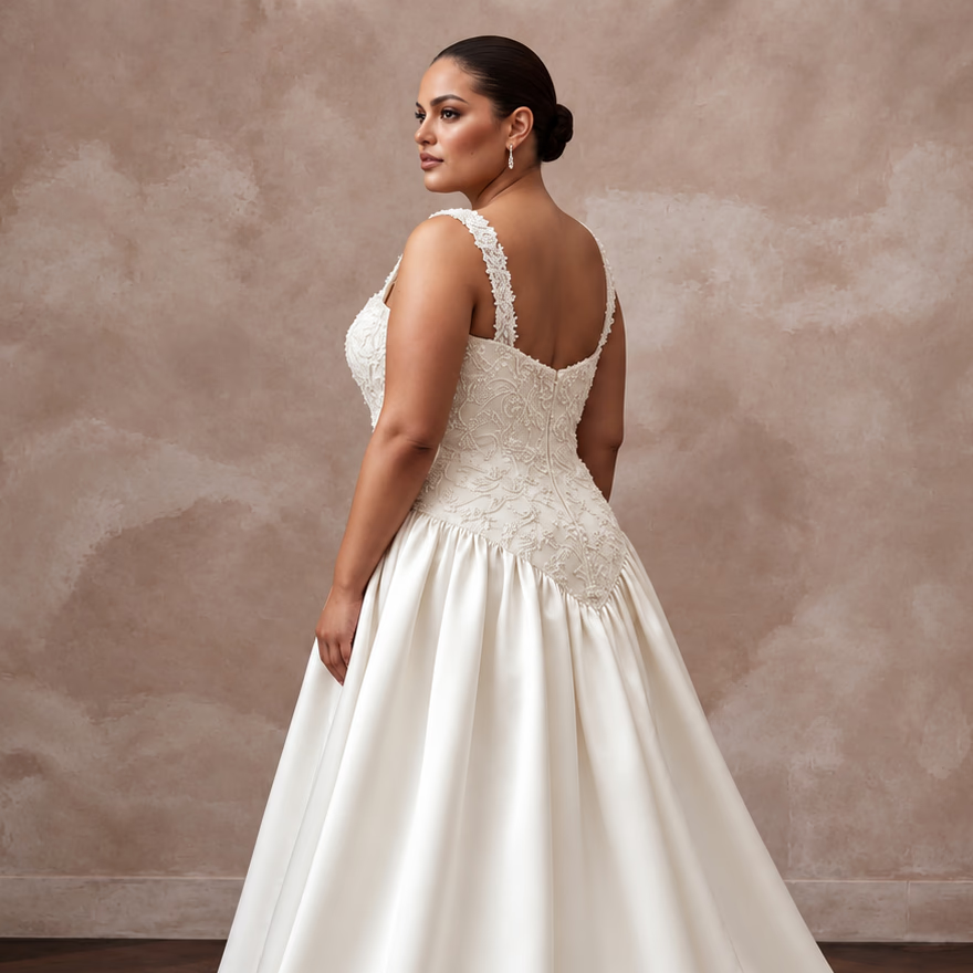 Plus Size Ivory Duchess Satin Drop Waist Grandmillennial Dress