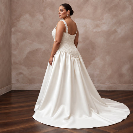 Plus Size Ivory Duchess Satin Drop Waist Grandmillennial Dress