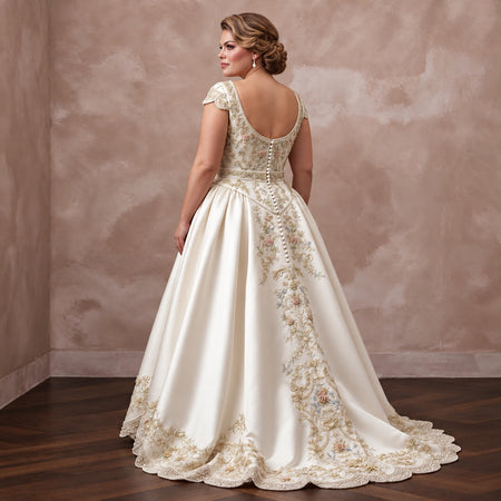 Plus Size Ivory Duchess Satin Drop Waist Grandmillennial Dress