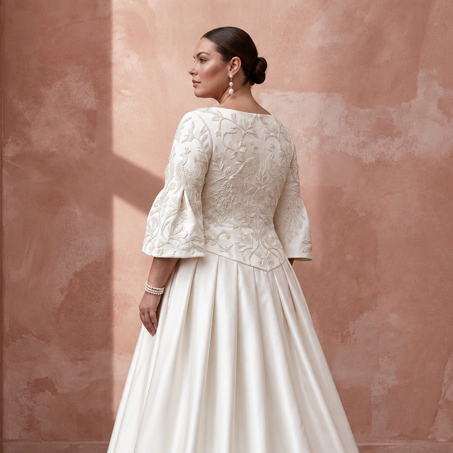 Plus size ivory duchess satin drop waist dress with intricate embroidered detailing and bell sleeves.