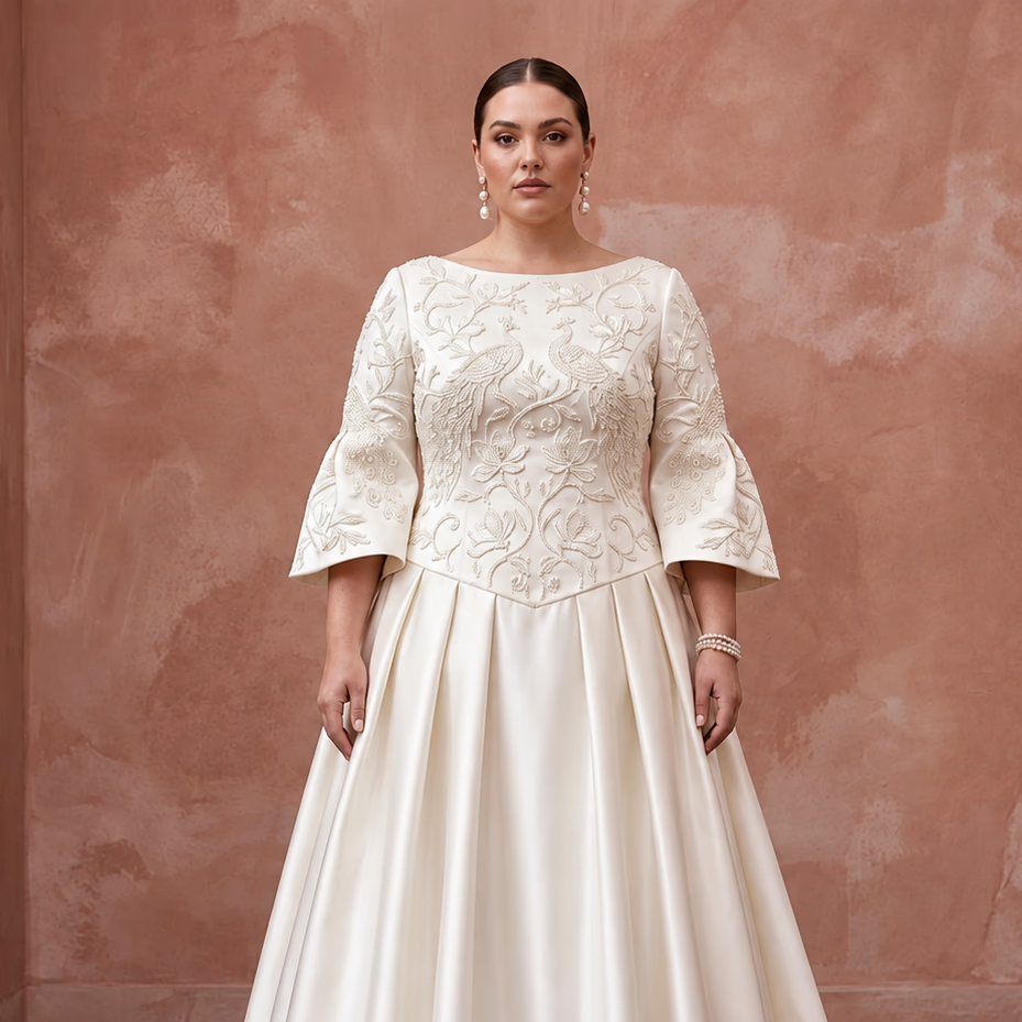 Plus Size Ivory Duchess Satin Drop Waist Grandmillennial Dress with intricate embroidery and elegant bell sleeves.