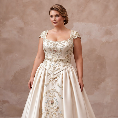 Plus Size Ivory Duchess Satin Drop Waist Grandmillennial Dress