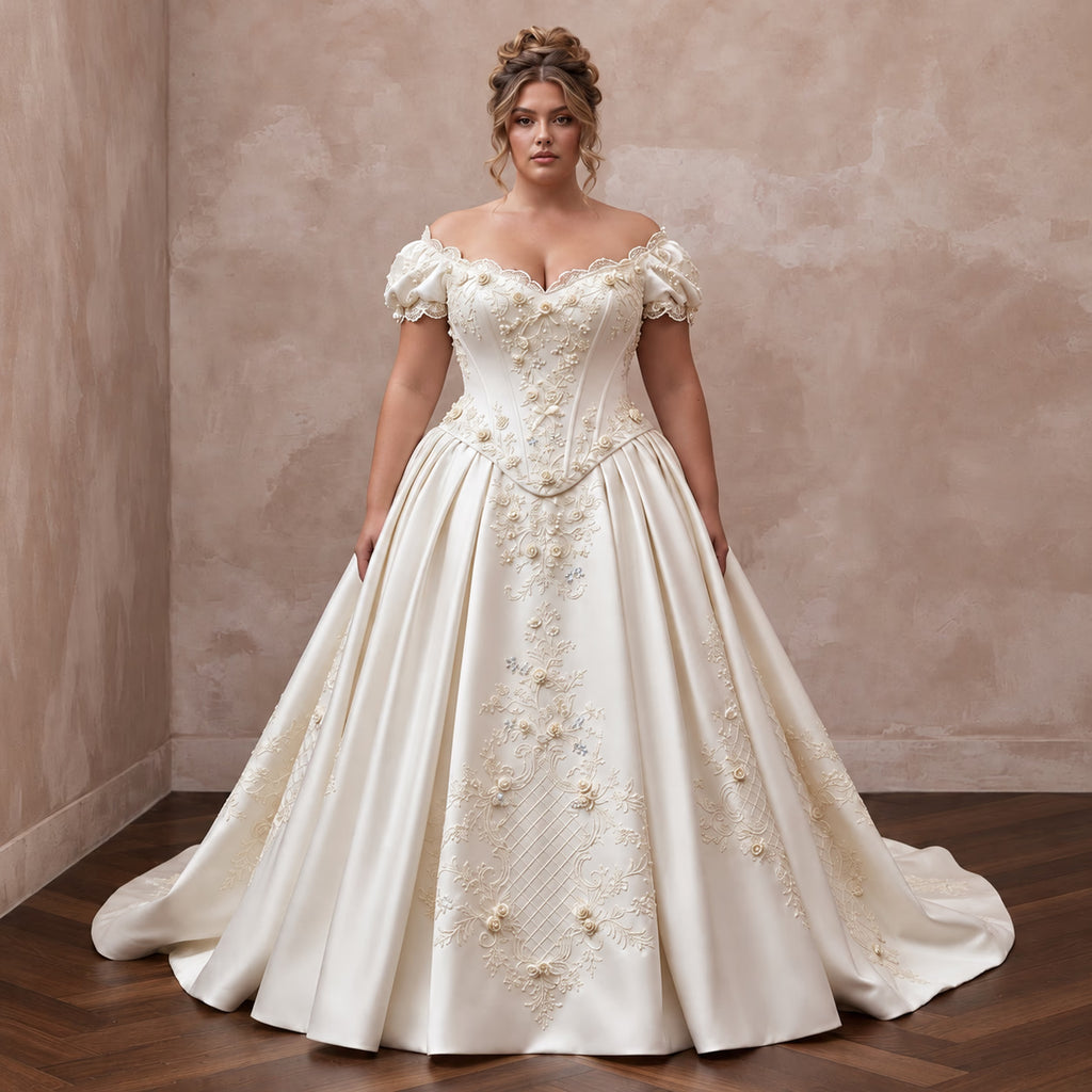 Plus Size Ivory Duchess Satin Drop Waist Grandmillennial Wedding Gown