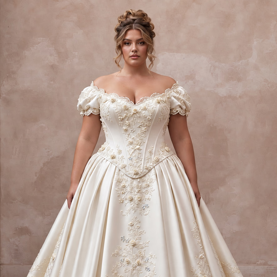 Plus Size Ivory Duchess Satin Drop Waist Grandmillennial Wedding Gown
