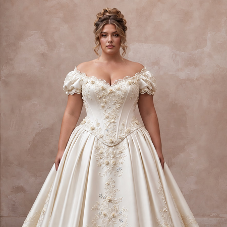 Plus Size Ivory Duchess Satin Drop Waist Grandmillennial Wedding Gown