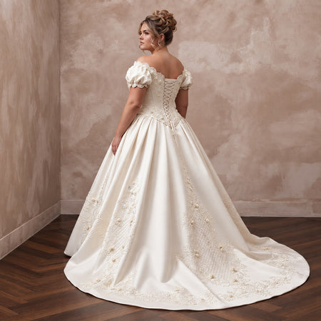 Plus Size Ivory Duchess Satin Drop Waist Grandmillennial Wedding Gown