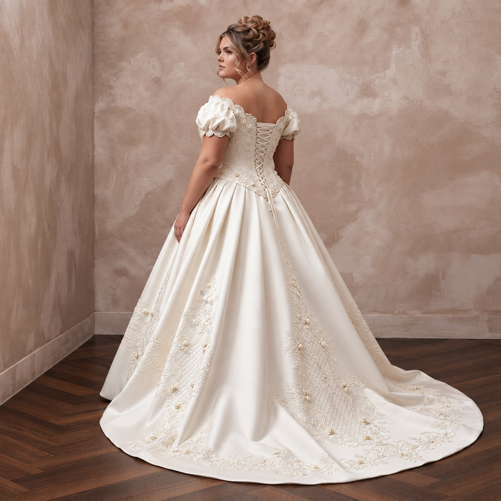 Plus Size Ivory Duchess Satin Drop Waist Grandmillennial Wedding Gown