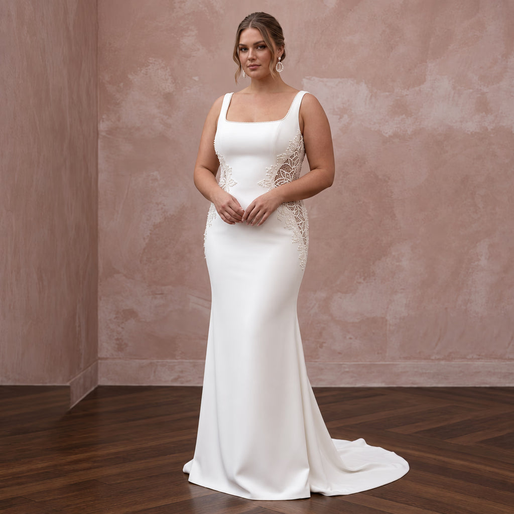 Plus Size Ivory Stretch Crepe Square Neck Column Bridal Dress