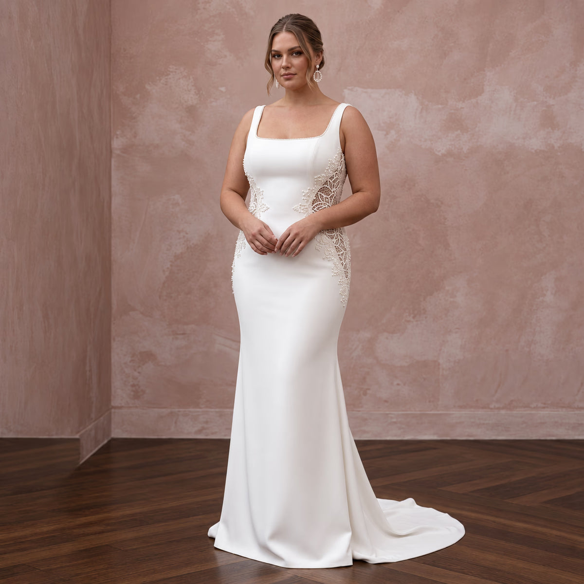 Plus Size Ivory Stretch Crepe Square Neck Column Bridal Dress