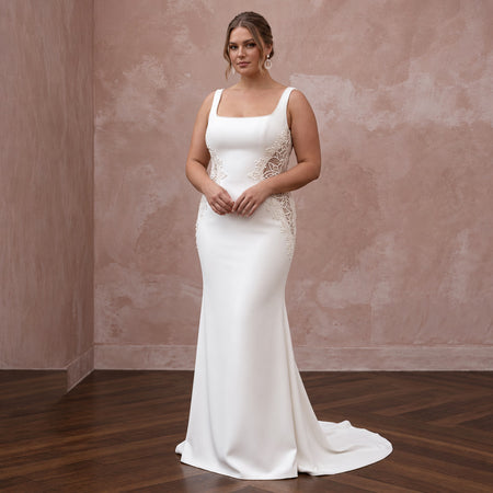 Plus Size Ivory Stretch Crepe Square Neck Column Bridal Dress