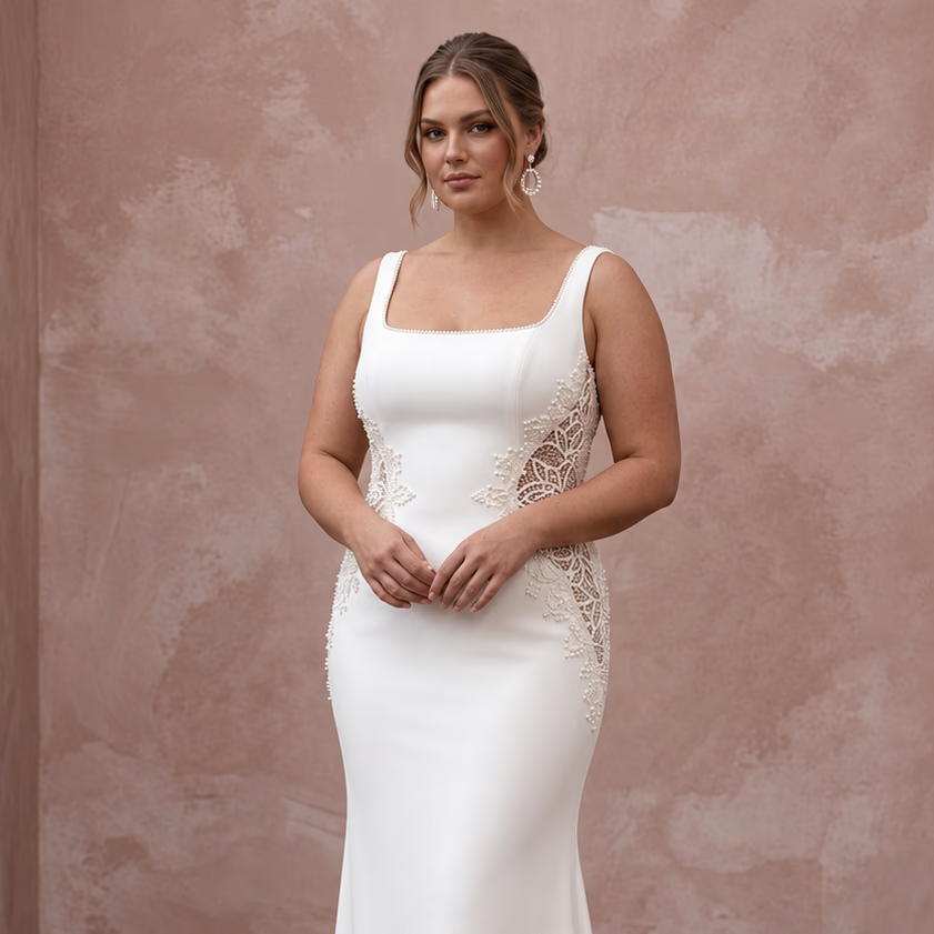 Plus Size Ivory Stretch Crepe Square Neck Column Bridal Dress