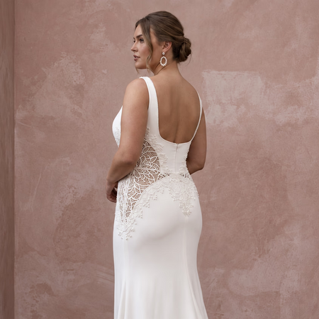 Plus Size Ivory Stretch Crepe Square Neck Column Bridal Dress