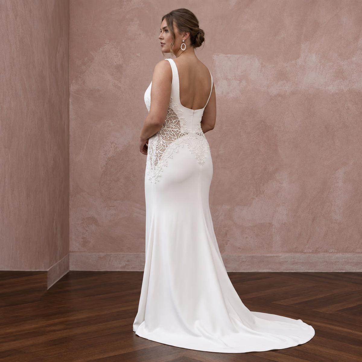 Plus Size Ivory Stretch Crepe Square Neck Column Bridal Dress