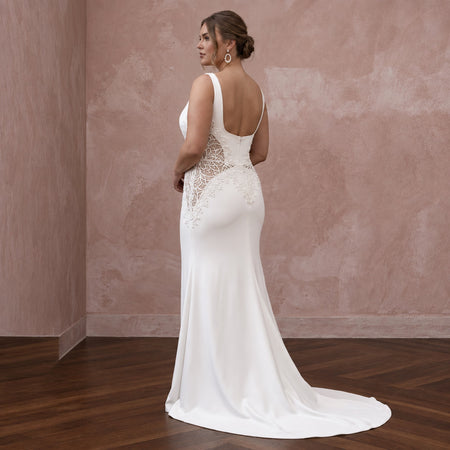 Plus Size Ivory Stretch Crepe Square Neck Column Bridal Dress