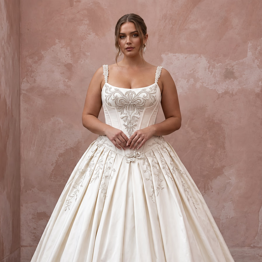 Plus Size Ivory Taffeta Dropped Waist Corset Bridal Ball Gown