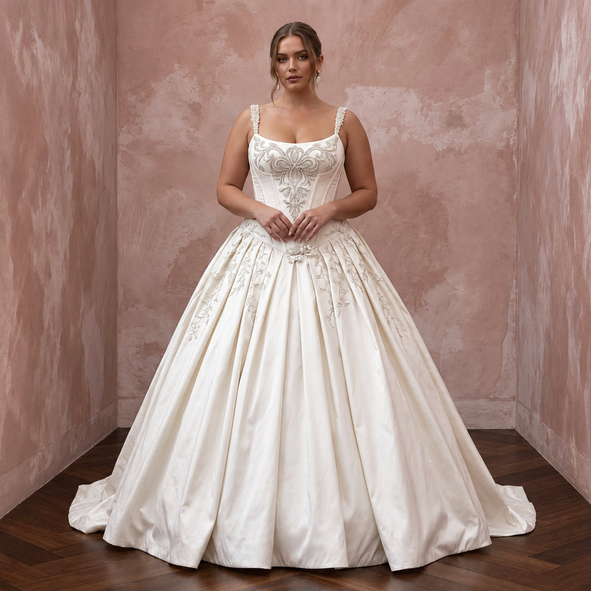 Plus Size Ivory Taffeta Dropped Waist Corset Bridal Ball Gown