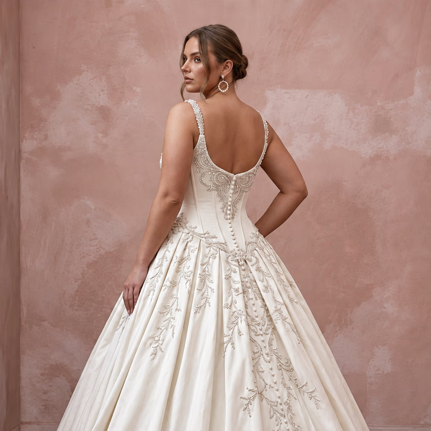 Plus Size Ivory Taffeta Dropped Waist Corset Bridal Ball Gown