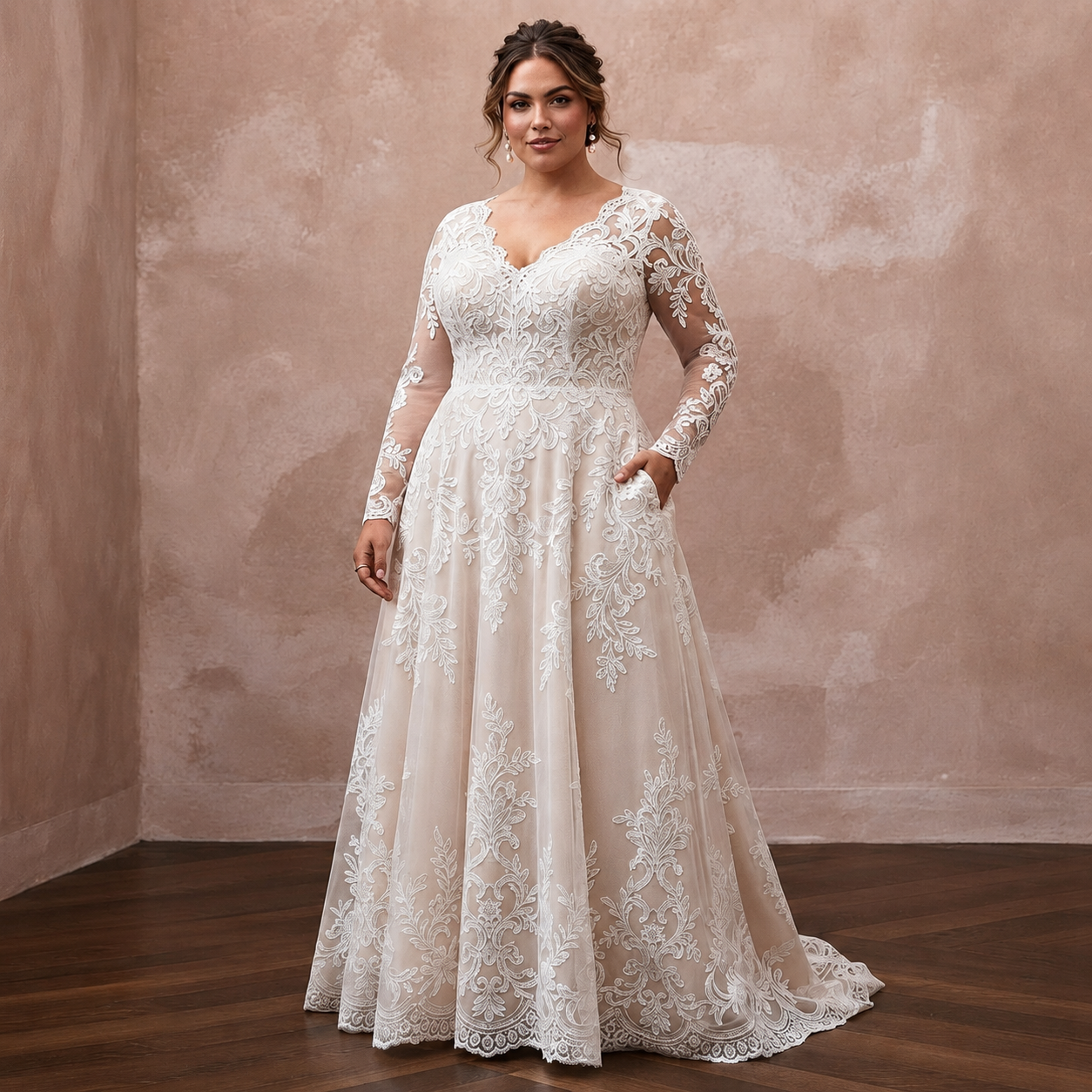 Plus Size Lace A-Line Wedding Dress with Long Sleeves