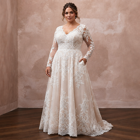 Plus Size Lace A-Line Wedding Dress with Long Sleeves