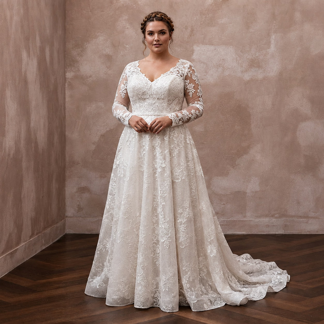 Plus Size Lace A-Line Wedding Dress with Long Sleeves Main image
