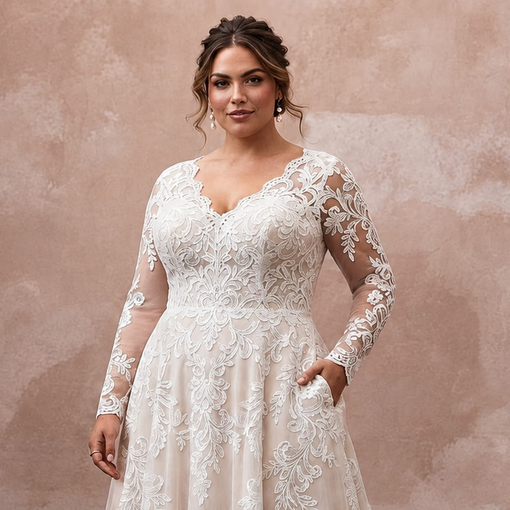 Plus Size Lace A - Line Wedding Dress with Long Sleeves - Apparel & Accessories > Clothing > Wedding & Bridal Party Dresses > Wedding Dresses - Mignonette Bridal
