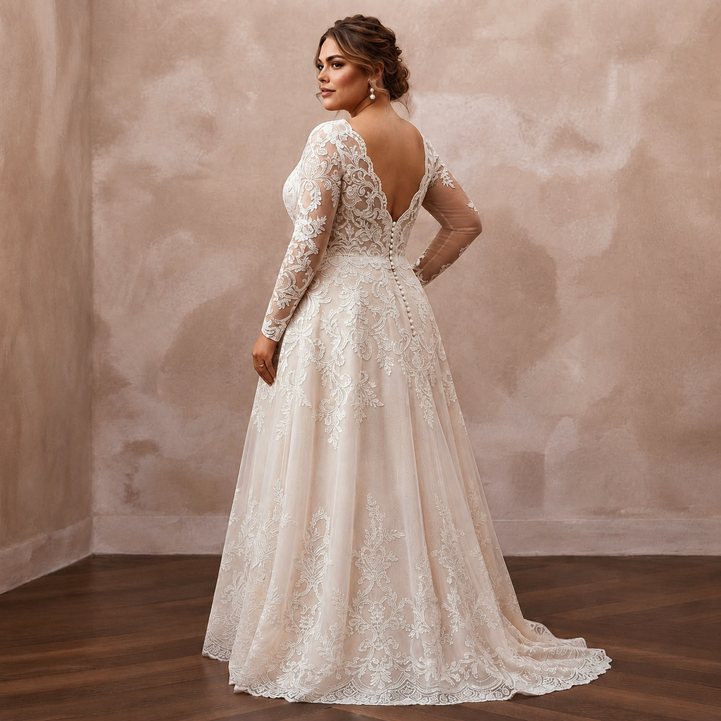 Plus Size Lace A-Line Wedding Dress with Long Sleeves