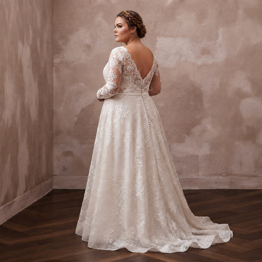 Plus Size Lace A-Line Wedding Dress with Long Sleeves