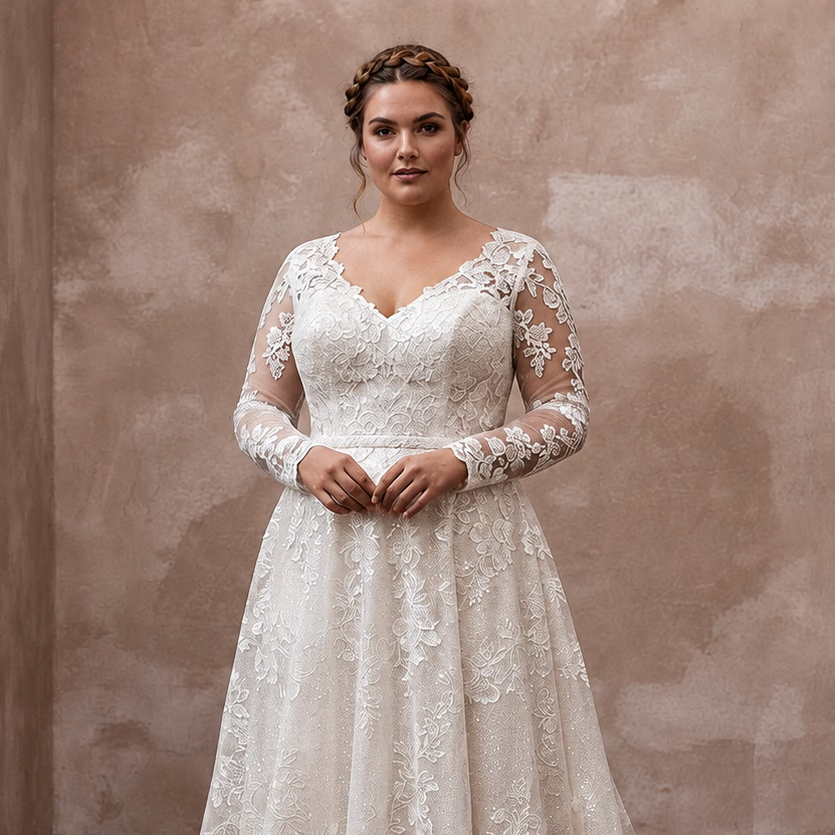 Plus Size Lace A-Line Wedding Dress with Long Sleeves