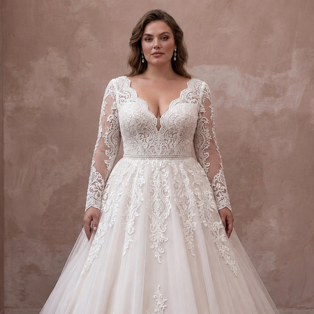 Plus Size Lace Ball Gown Wedding Dress with Long Sleeves