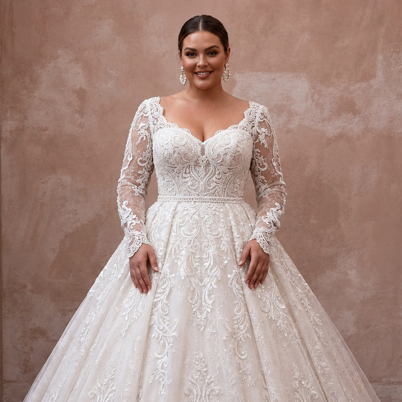 Plus Size Lace Ball Gown Wedding Dress with Long Sleeves - Apparel & Accessories > Clothing > Wedding & Bridal Party Dresses > Wedding Dresses - Mignonette Bridal