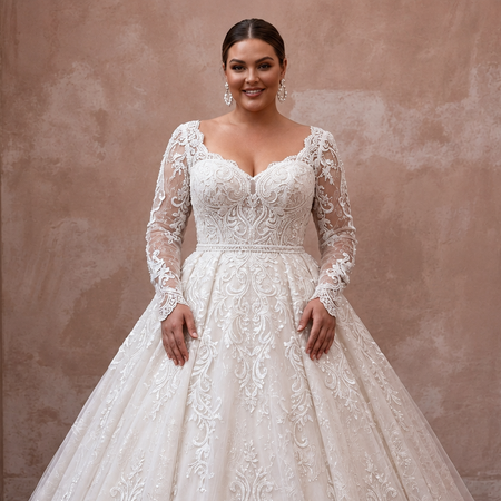 Plus Size Lace Ball Gown Wedding Dress with Long Sleeves