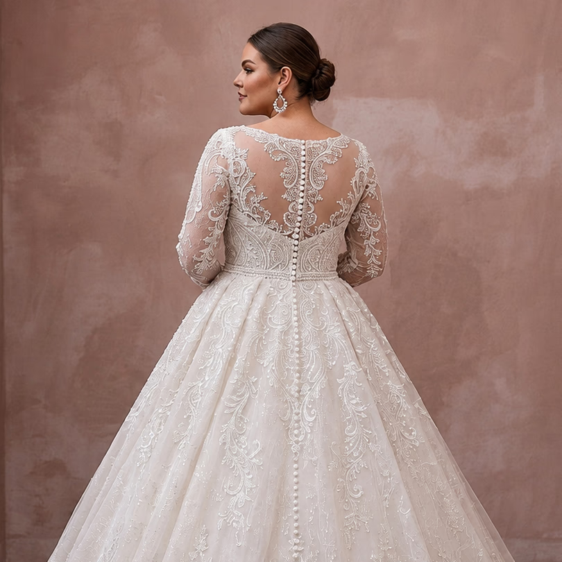 Plus Size Lace Ball Gown Wedding Dress with Long Sleeves - Apparel & Accessories > Clothing > Wedding & Bridal Party Dresses > Wedding Dresses - Mignonette Bridal