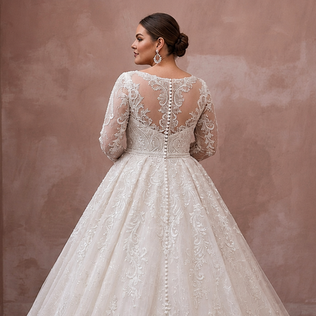 Plus Size Lace Ball Gown Wedding Dress with Long Sleeves