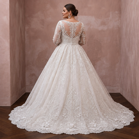 Plus Size Lace Ball Gown Wedding Dress with Long Sleeves