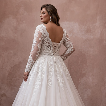 Plus Size Lace Ball Gown Wedding Dress with Long Sleeves