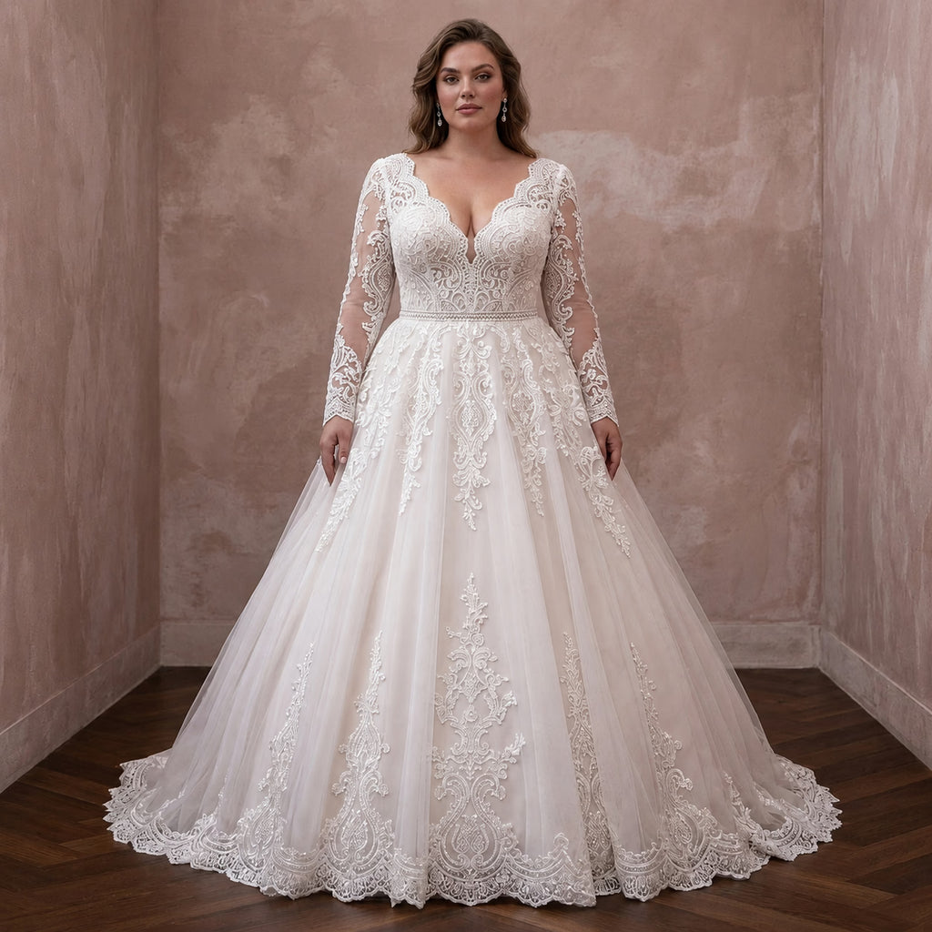Plus Size Lace Ball Gown Wedding Dress with Long Sleeves