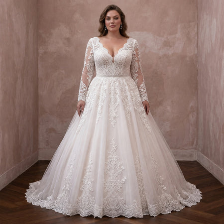 Plus Size Lace Ball Gown Wedding Dress with Long Sleeves