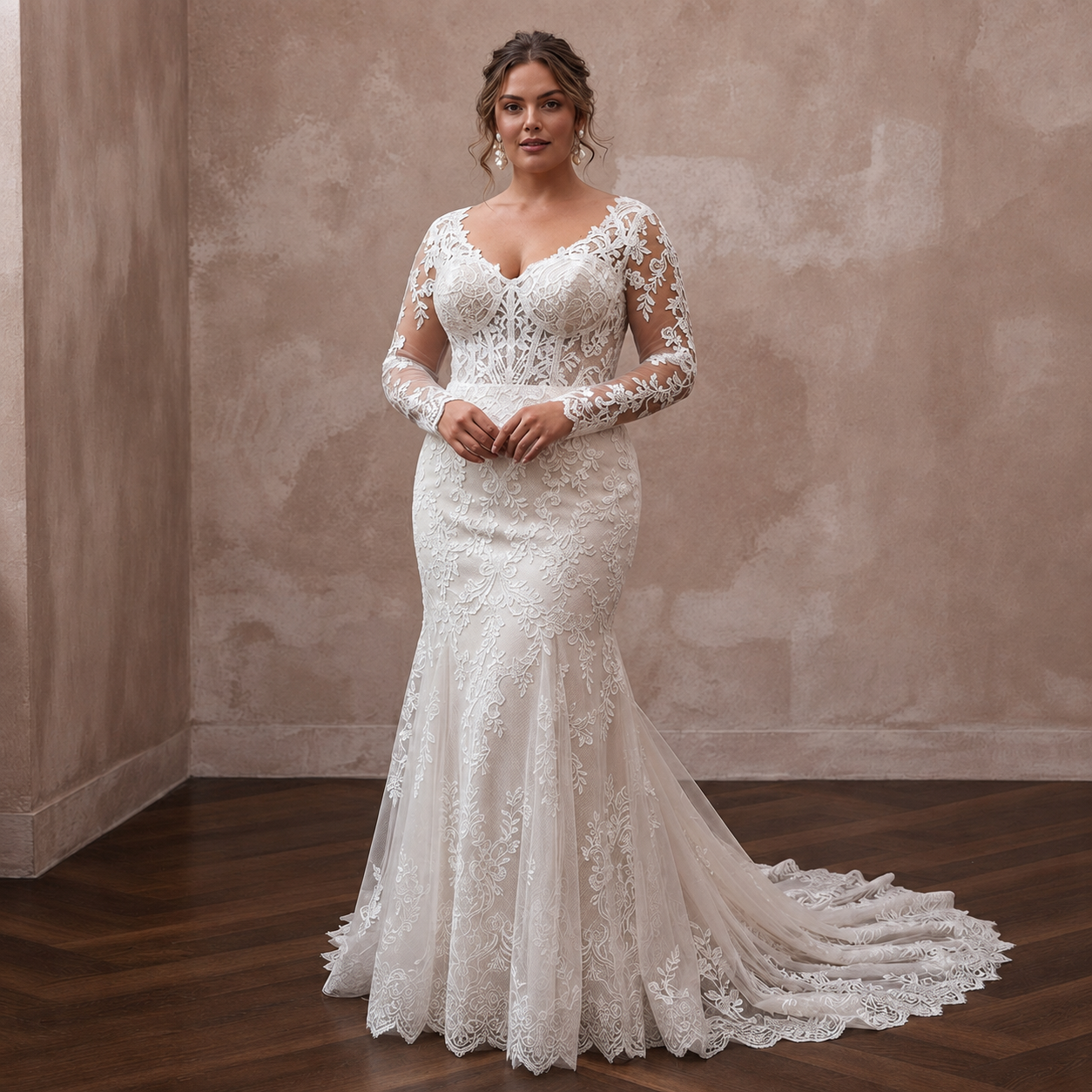 Plus Size Lace Mermaid Wedding Dress with Long Sleeves Main image