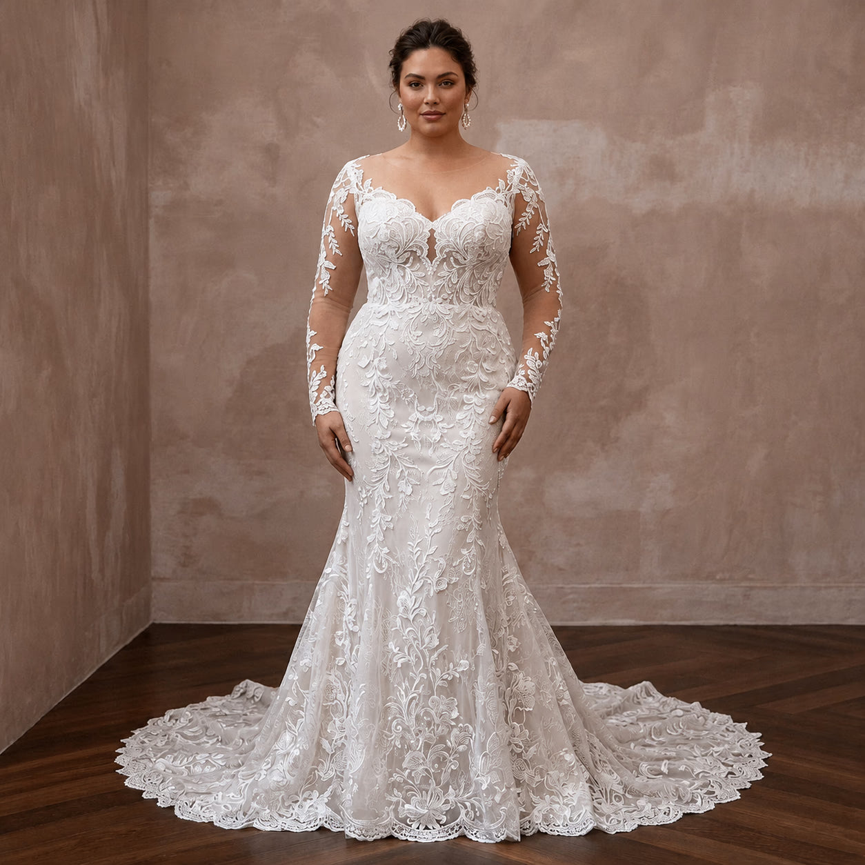 Plus Size Lace Mermaid Wedding Dress with Long Sleeves