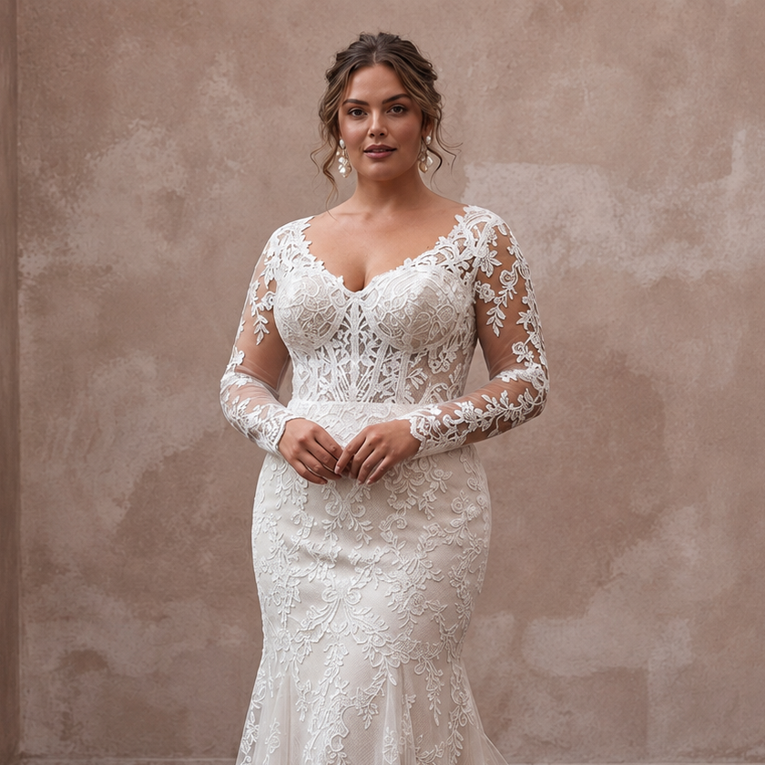 Plus Size Lace Mermaid Wedding Dress with Long Sleeves