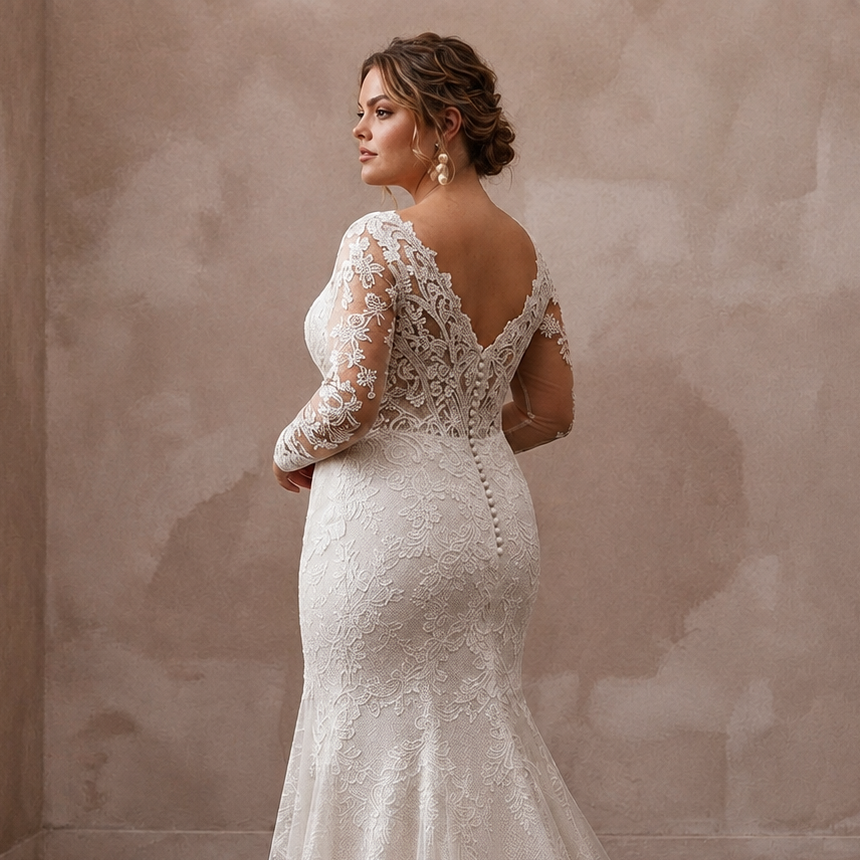 Plus Size Lace Mermaid Wedding Dress with Long Sleeves