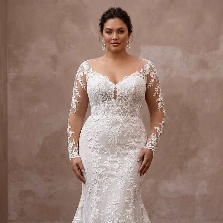 Plus Size Lace Mermaid Wedding Dress with Long Sleeves